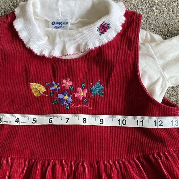 Vintage 80s Oshkosh Corduroy Jumper Dress & Top 6 Red Embroidered Flower - Picture 4 of 14